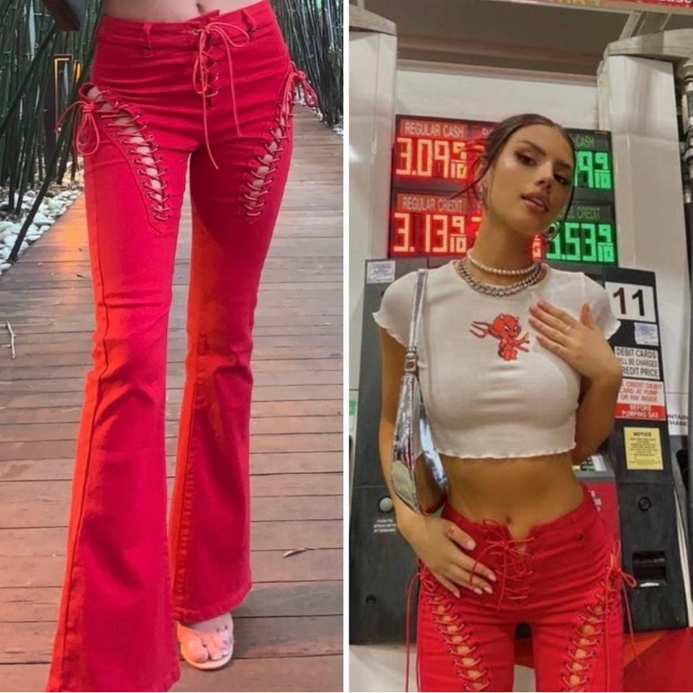 SOLD 🎈Red Lace-Up High Waisted Flare Pants NWT Edikted